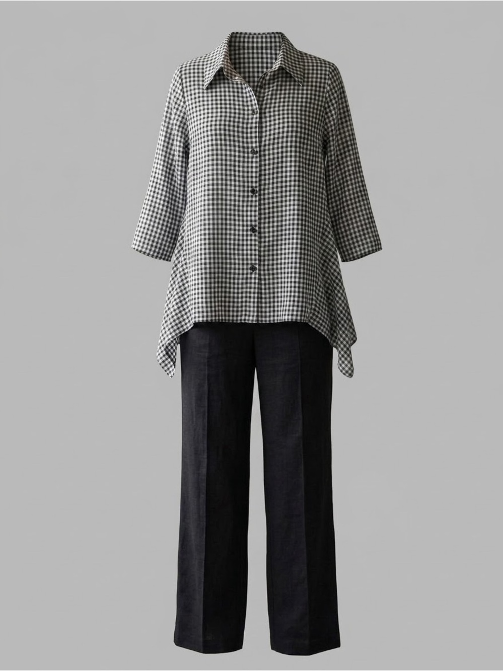 Yushi Gingham Asymmetric Tunic Shirt Button Back Lagenlook